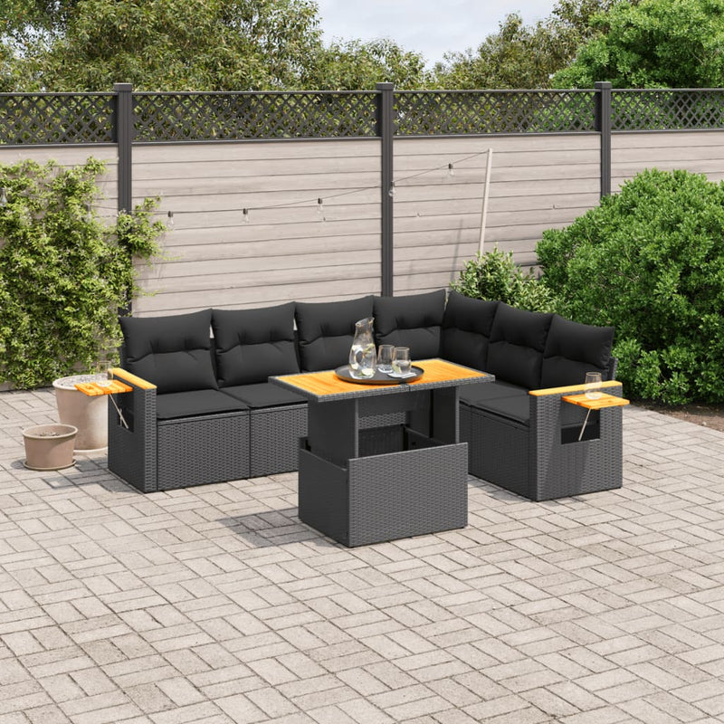 7-delige Loungeset met kussens poly rattan zwart