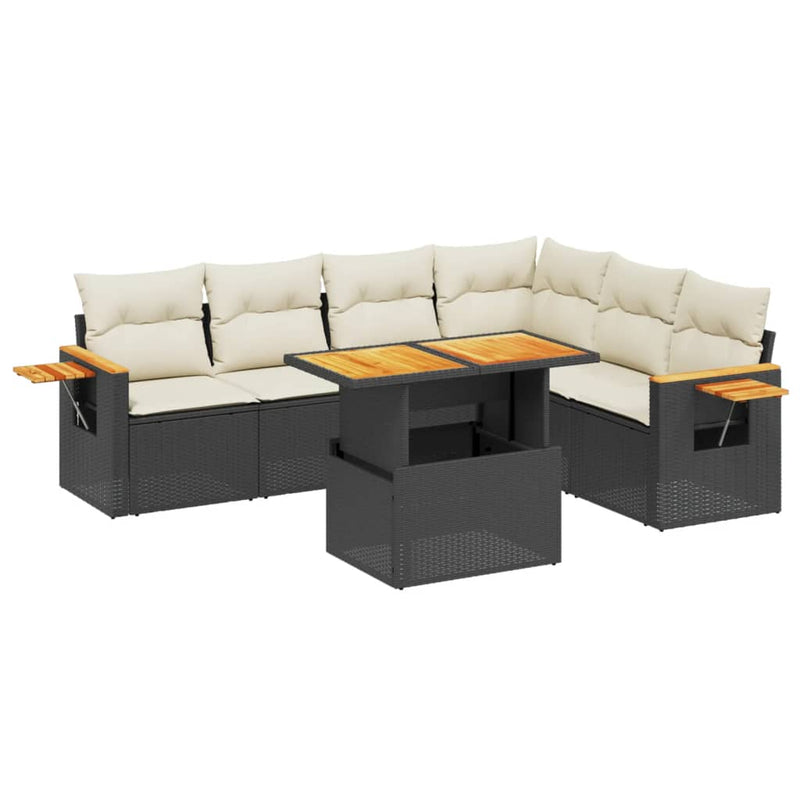 7-delige Loungeset met kussens poly rattan zwart