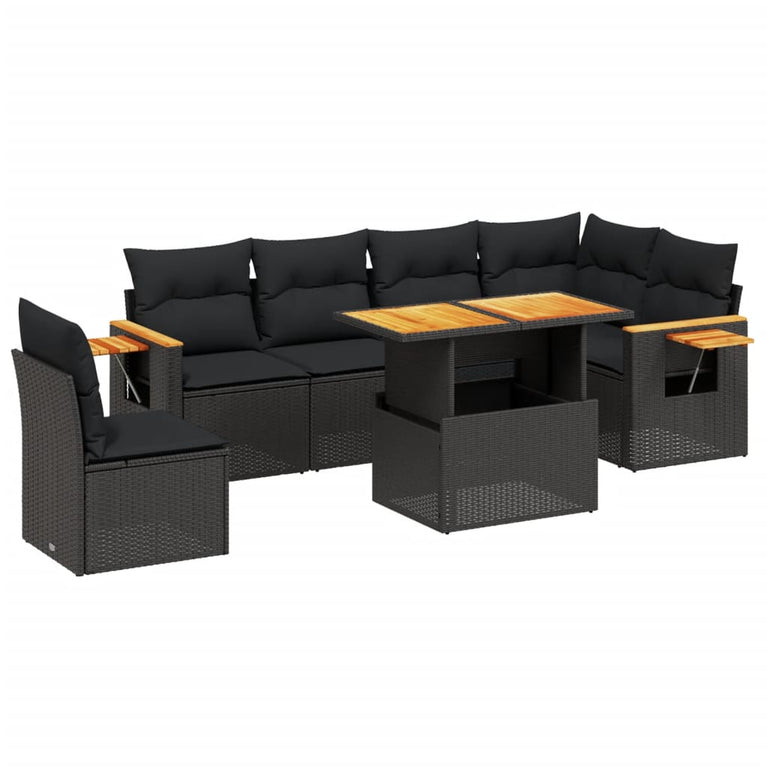 7-delige Loungeset met kussens poly rattan zwart