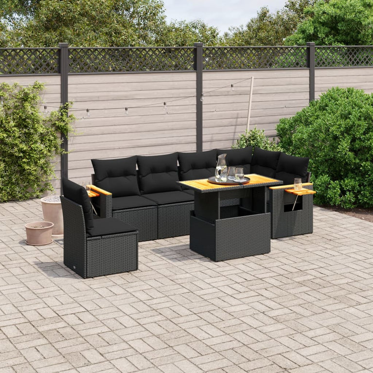 7-delige Loungeset met kussens poly rattan zwart