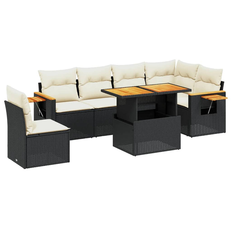 7-delige Loungeset met kussens poly rattan zwart
