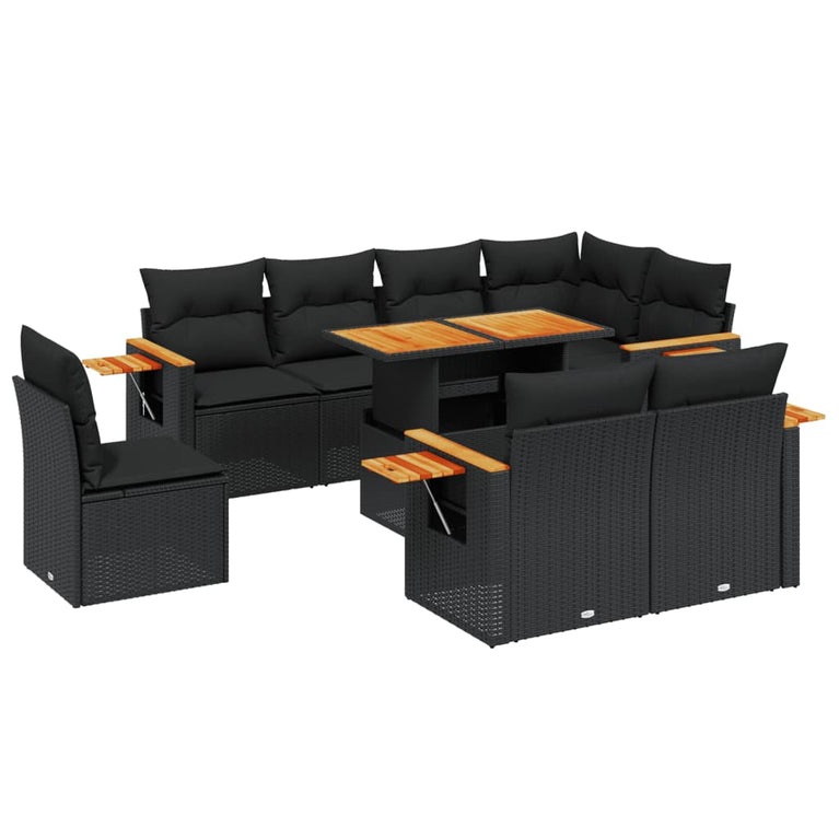 9-delige Loungeset met kussens poly rattan zwart
