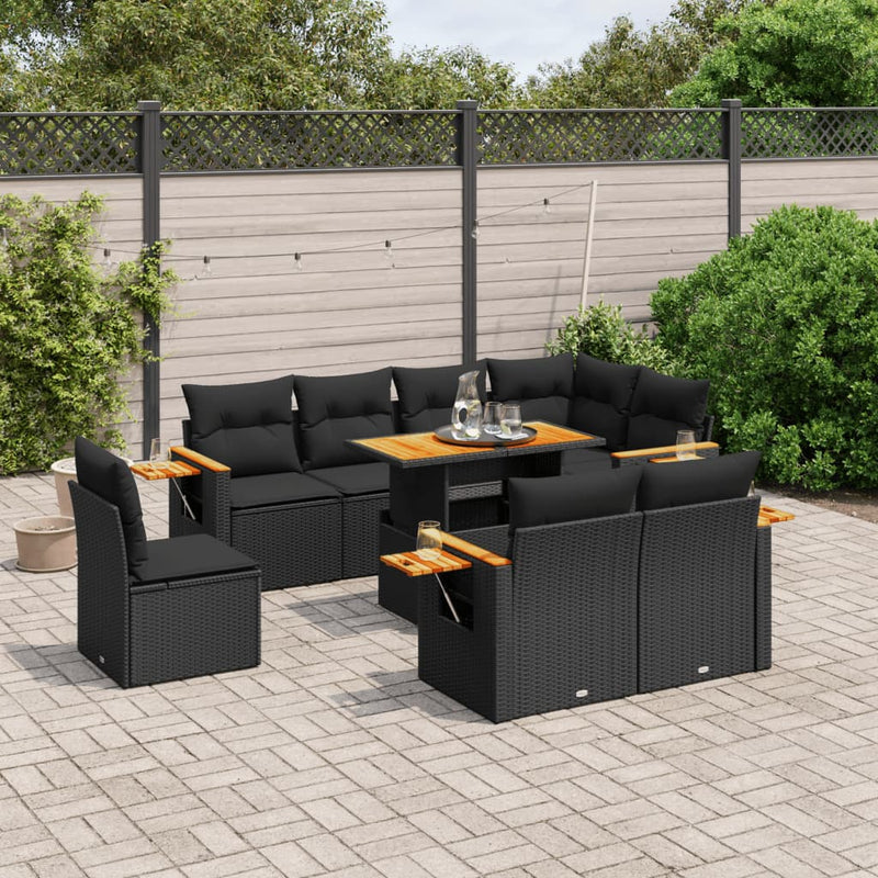 9-delige Loungeset met kussens poly rattan zwart