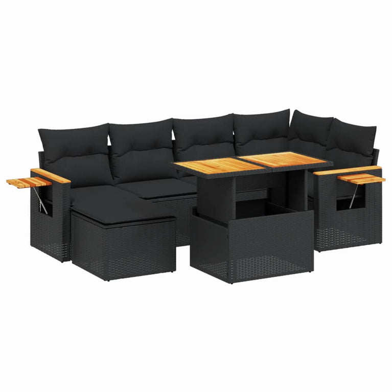 7-delige Loungeset met kussens poly rattan zwart