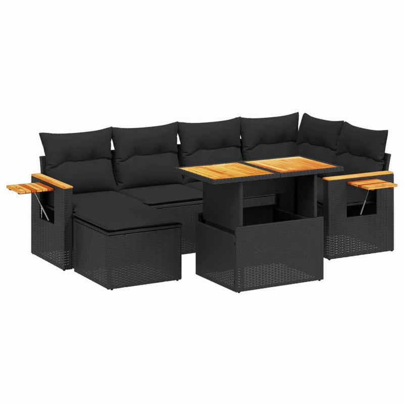 7-delige Loungeset met kussens poly rattan zwart