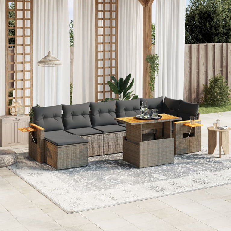 8-delige Loungeset met kussens poly rattan grijs