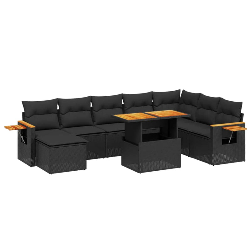 8-delige Loungeset met kussens poly rattan zwart