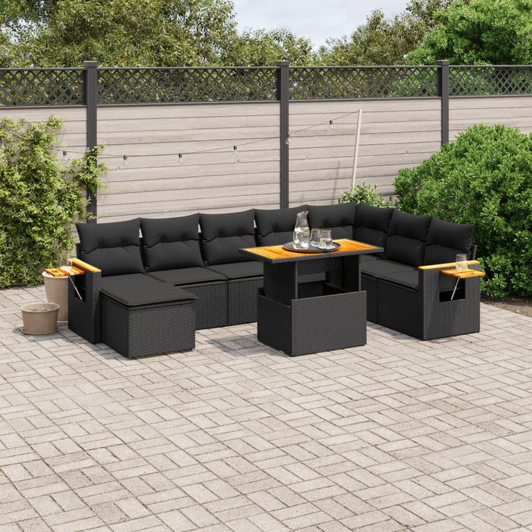 8-delige Loungeset met kussens poly rattan zwart