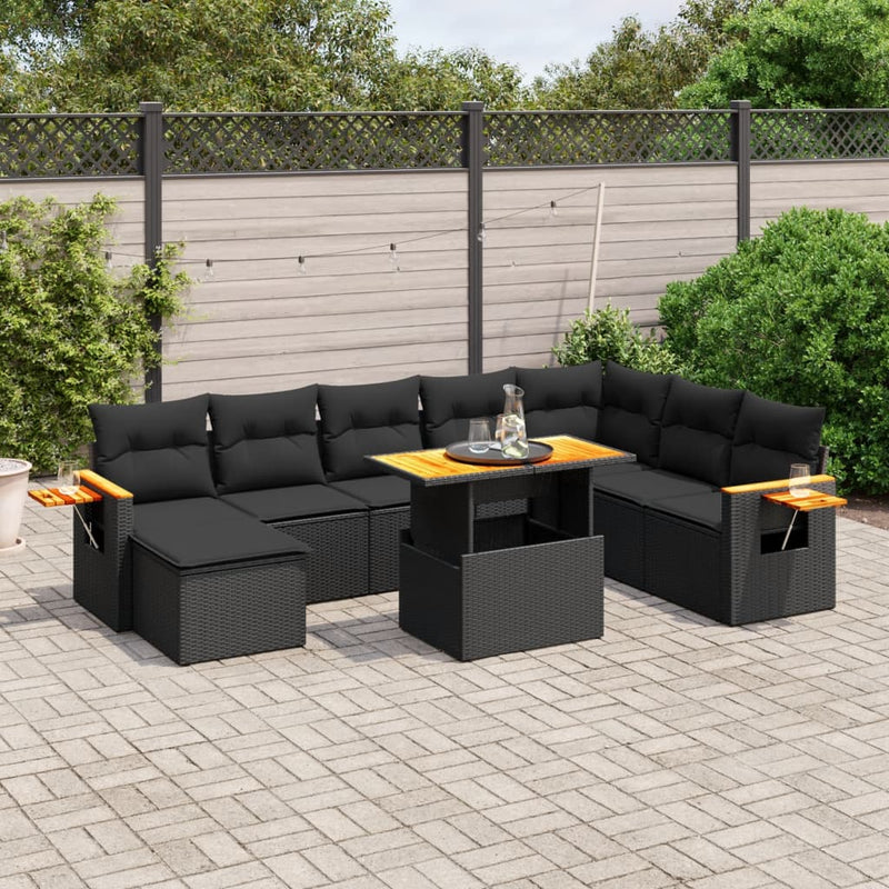 9-delige Loungeset met kussens poly rattan zwart