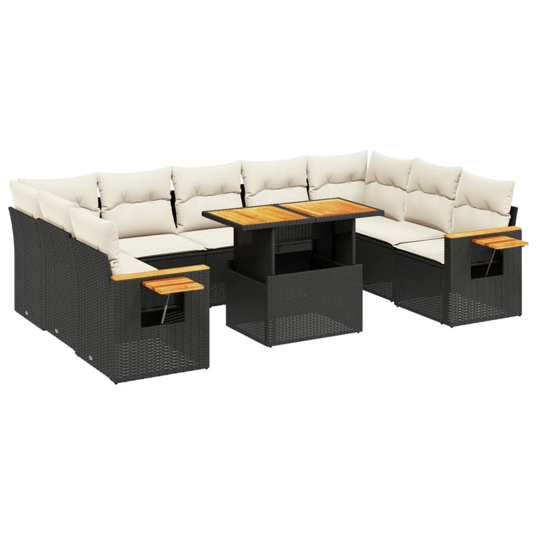10-delige Loungeset met kussens poly rattan zwart