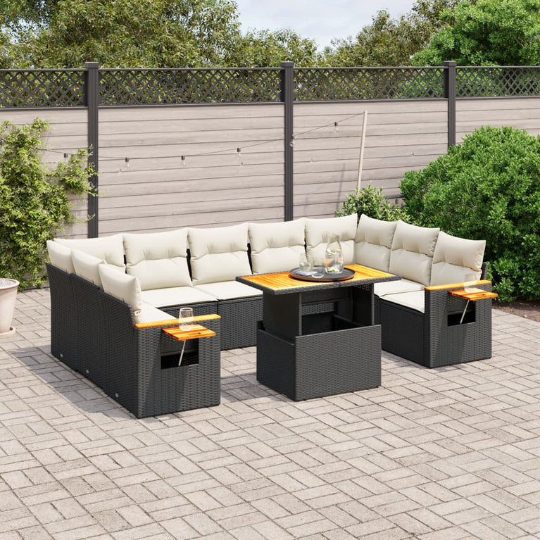 10-delige Loungeset met kussens poly rattan zwart