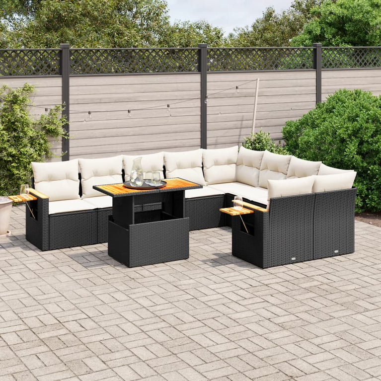 10-delige Loungeset met kussens poly rattan zwart