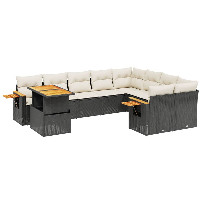 10-delige Loungeset met kussens poly rattan zwart