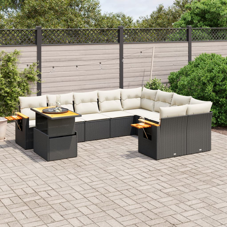 10-delige Loungeset met kussens poly rattan zwart