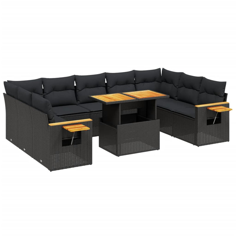 11-delige Loungeset met kussens poly rattan zwart