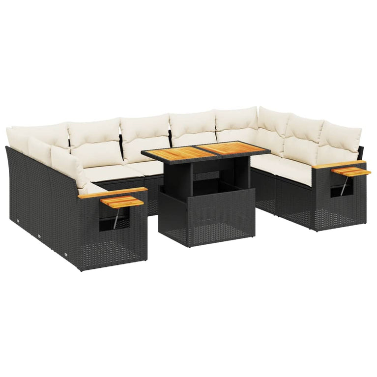 11-delige Loungeset met kussens poly rattan zwart