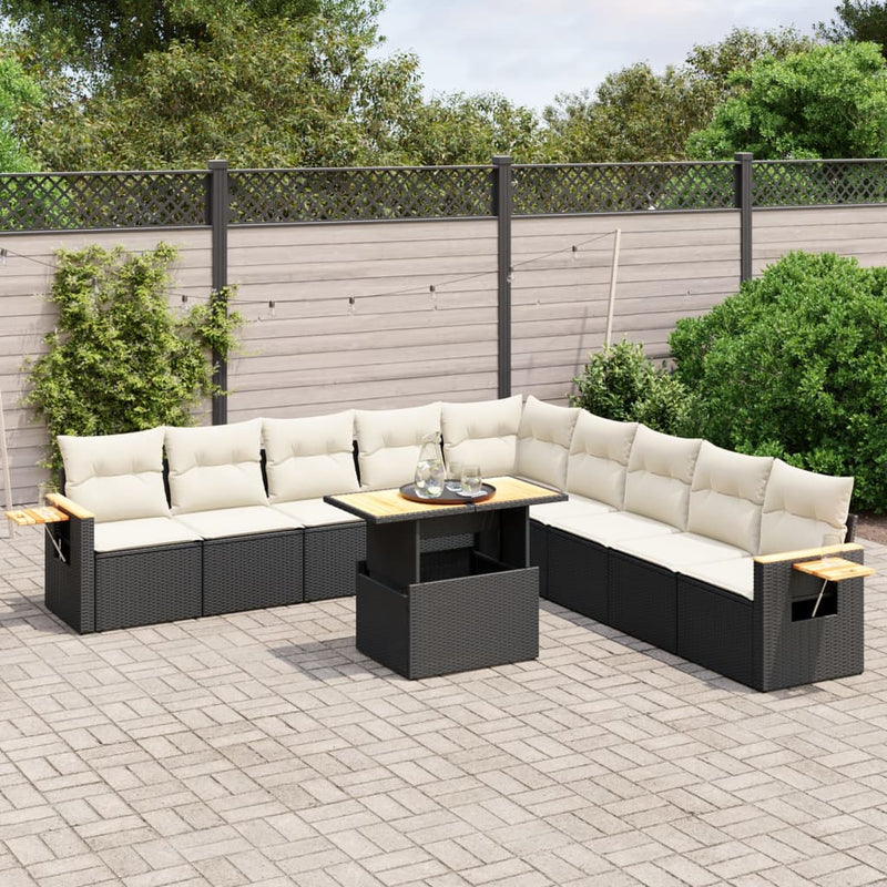 11-delige Loungeset met kussens poly rattan zwart