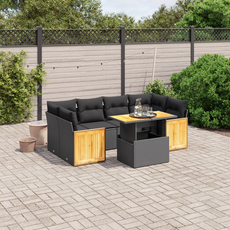 7-delige Loungeset met kussens poly rattan zwart