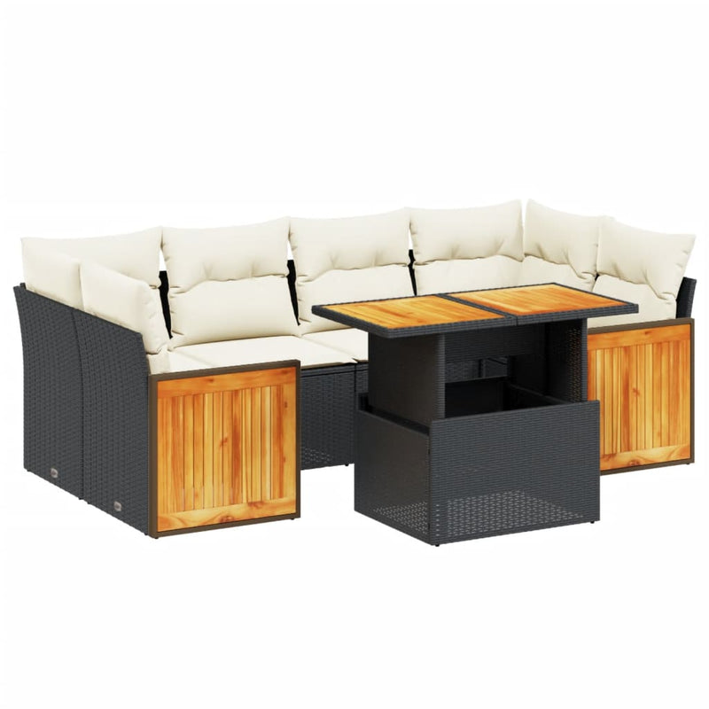 7-delige Loungeset met kussens poly rattan zwart