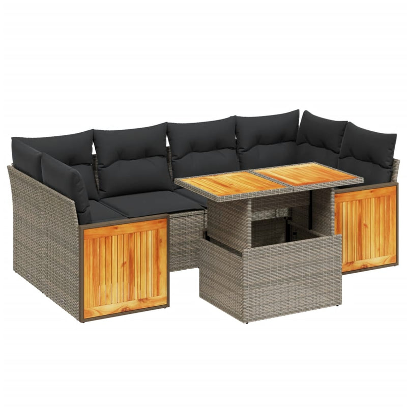 7-delige Loungeset met kussens poly rattan grijs