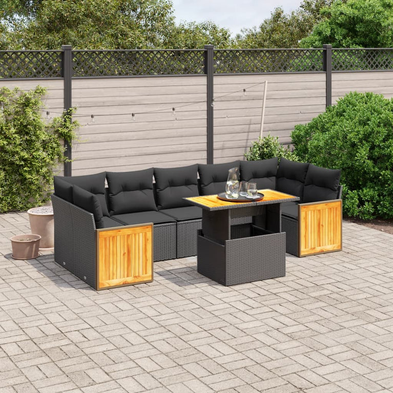 8-delige Loungeset met kussens poly rattan zwart