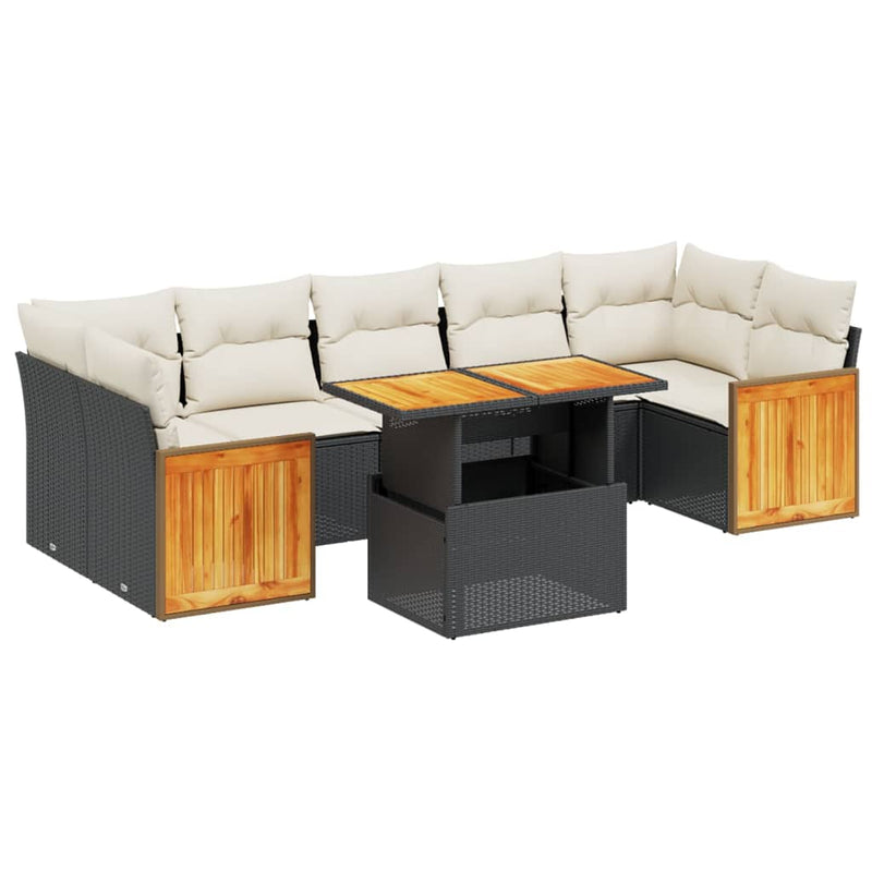 8-delige Loungeset met kussens poly rattan zwart