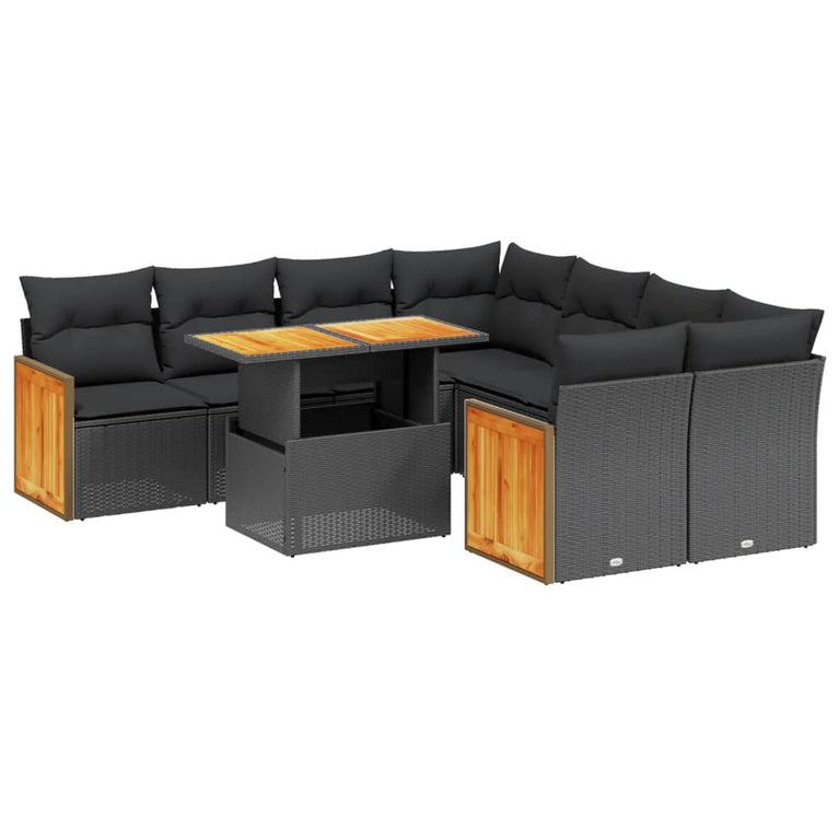9-delige Loungeset met kussens poly rattan zwart