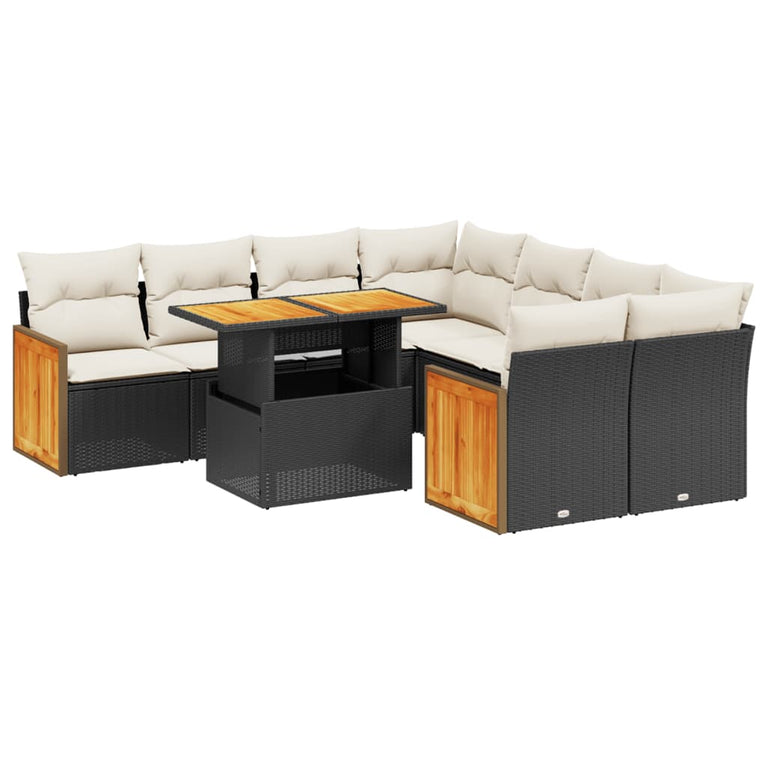 9-delige Loungeset met kussens poly rattan zwart