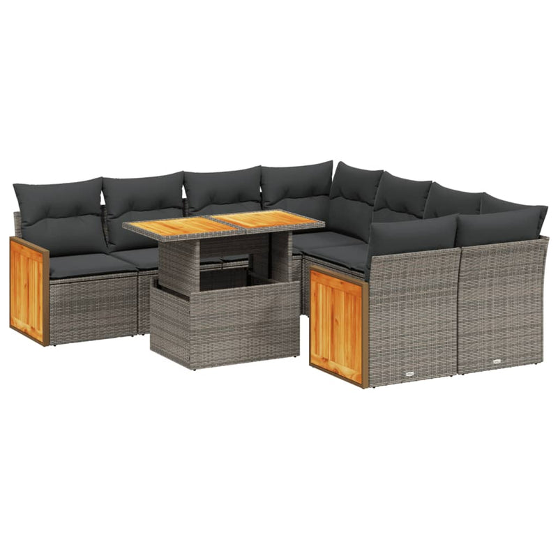 9-delige Loungeset met kussens poly rattan grijs