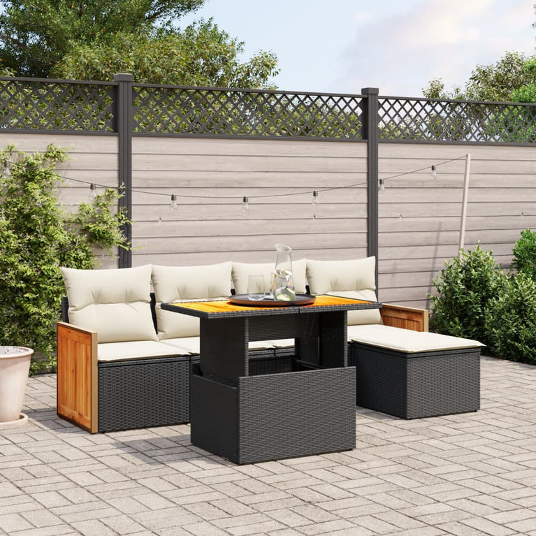 6-delige Loungeset met kussens poly rattan zwart