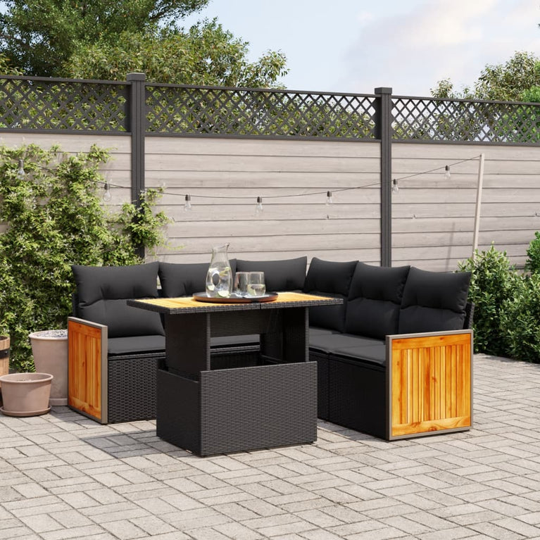 6-delige Loungeset met kussens poly rattan zwart