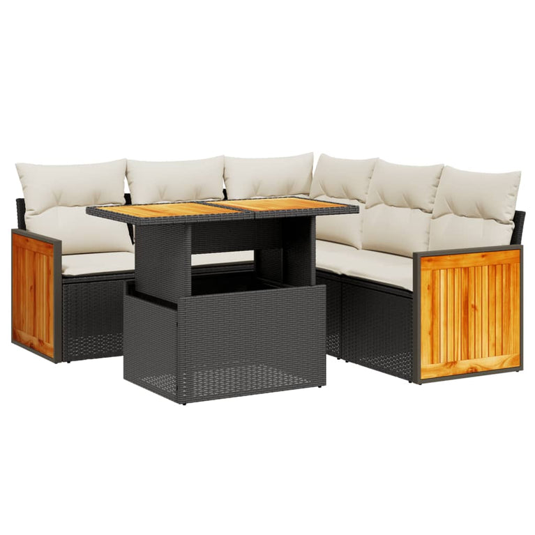 6-delige Loungeset met kussens poly rattan zwart