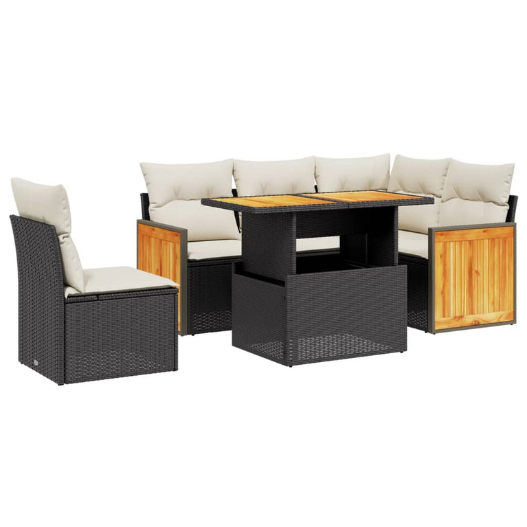 6-delige Loungeset met kussens poly rattan zwart