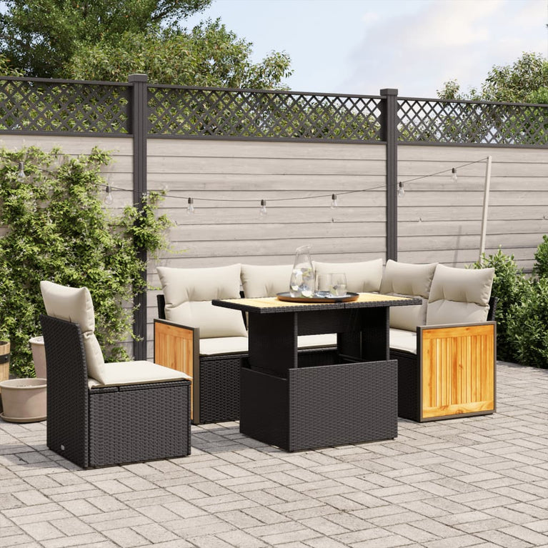 6-delige Loungeset met kussens poly rattan zwart
