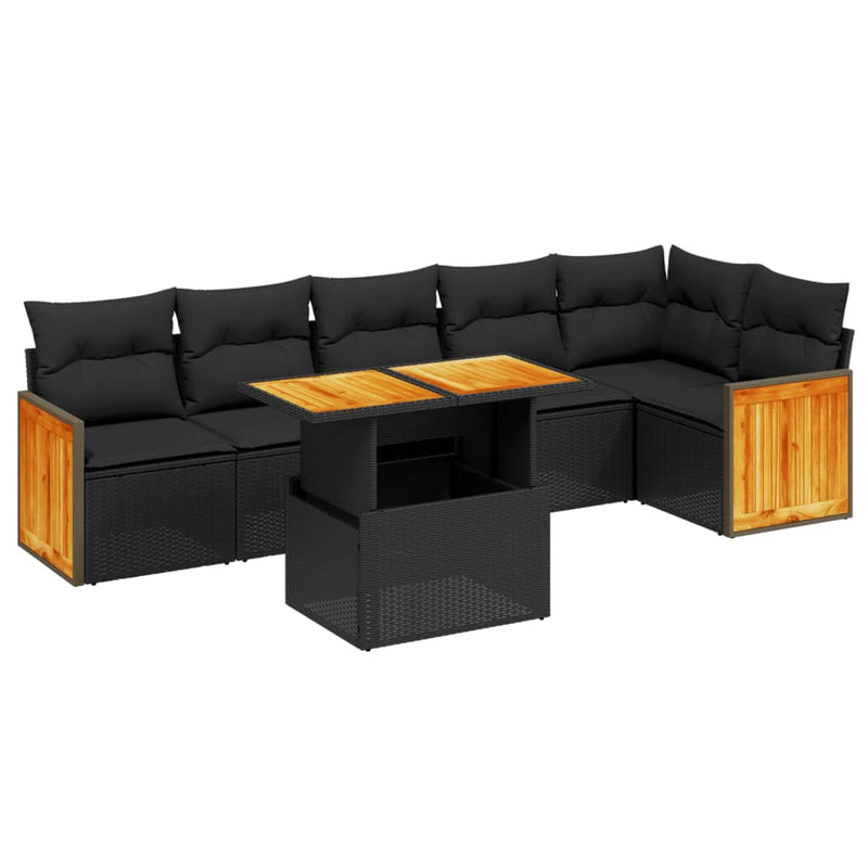 7-delige Loungeset met kussens poly rattan zwart