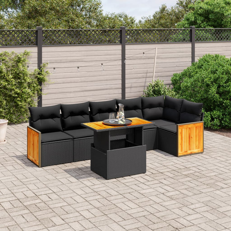 7-delige Loungeset met kussens poly rattan zwart