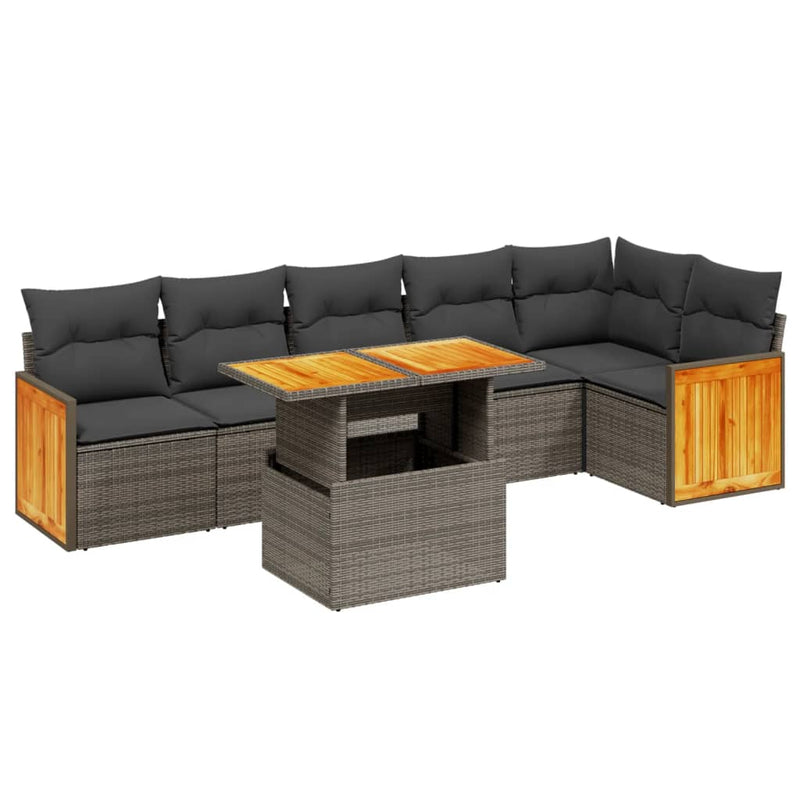 7-delige Loungeset met kussens poly rattan grijs