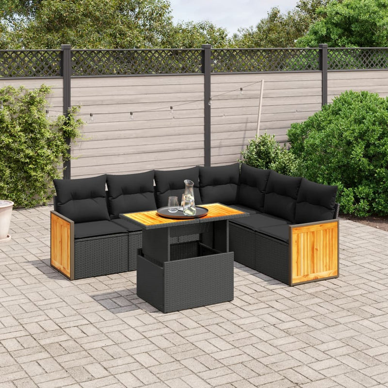 7-delige Loungeset met kussens poly rattan zwart