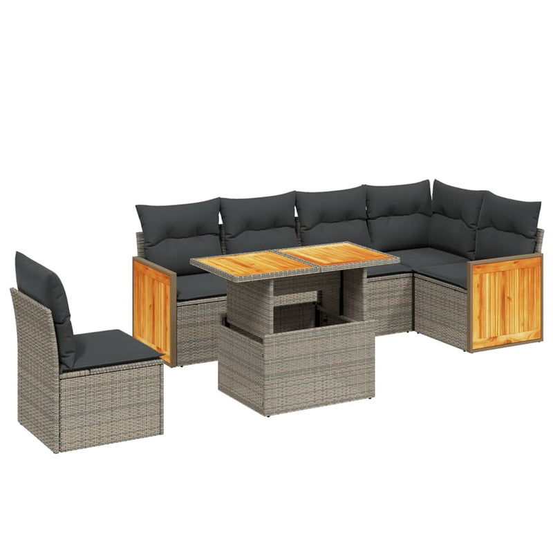 7-delige Loungeset met kussens poly rattan grijs