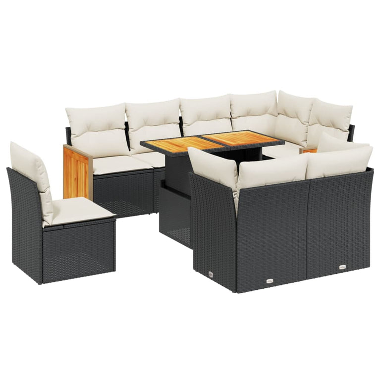 9-delige Loungeset met kussens poly rattan zwart