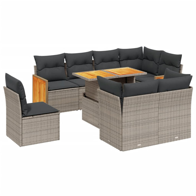 9-delige Loungeset met kussens poly rattan grijs