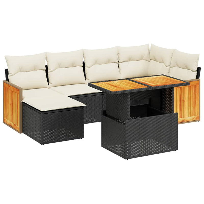 7-delige Loungeset met kussens poly rattan zwart