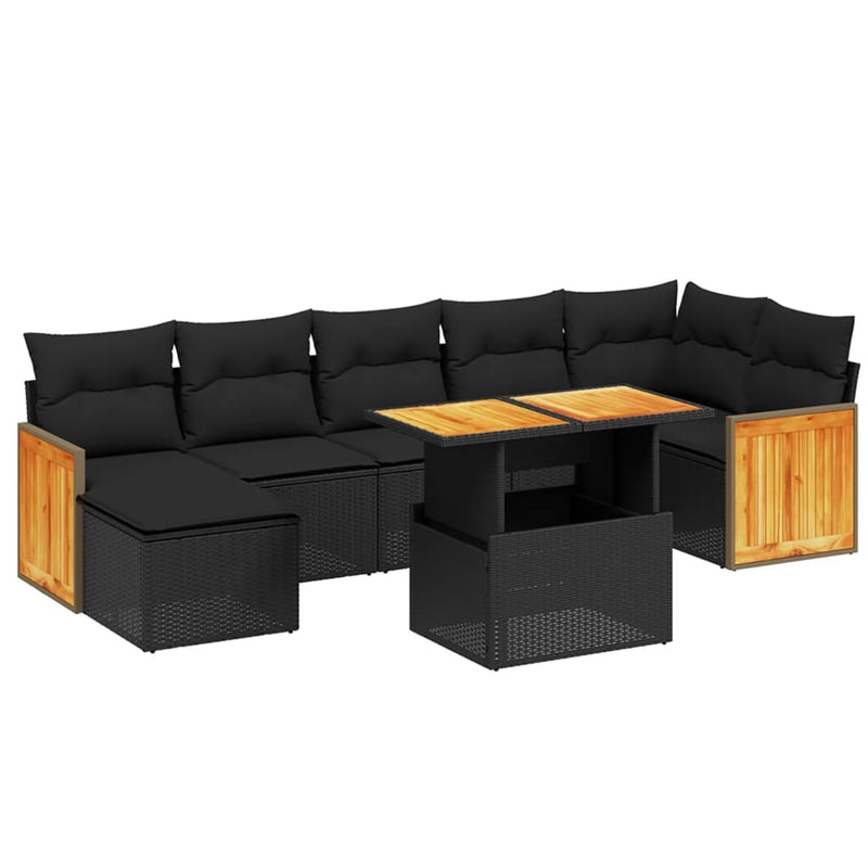 8-delige Loungeset met kussens poly rattan zwart
