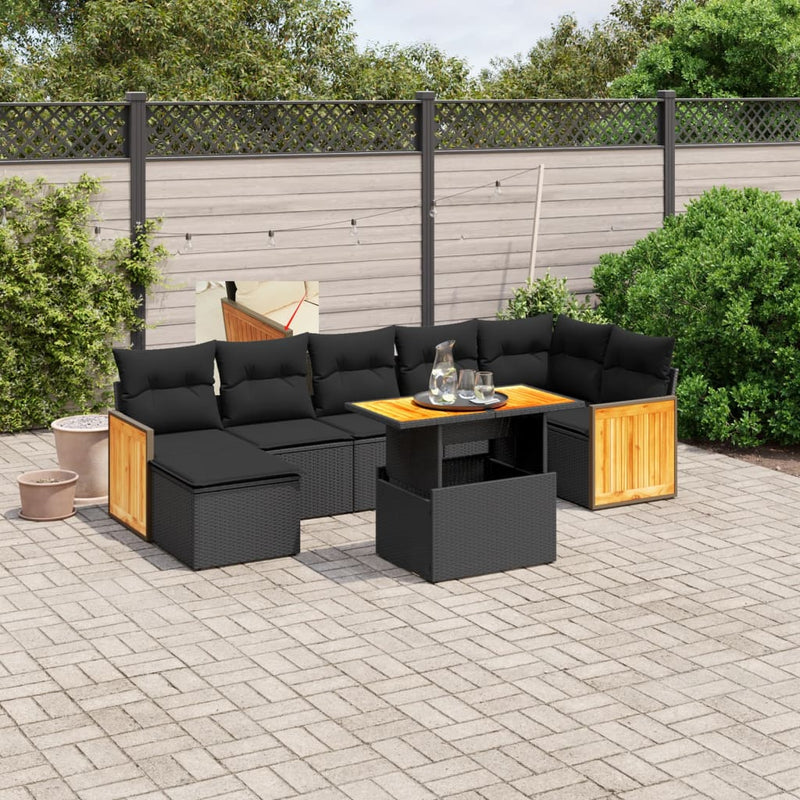 8-delige Loungeset met kussens poly rattan zwart