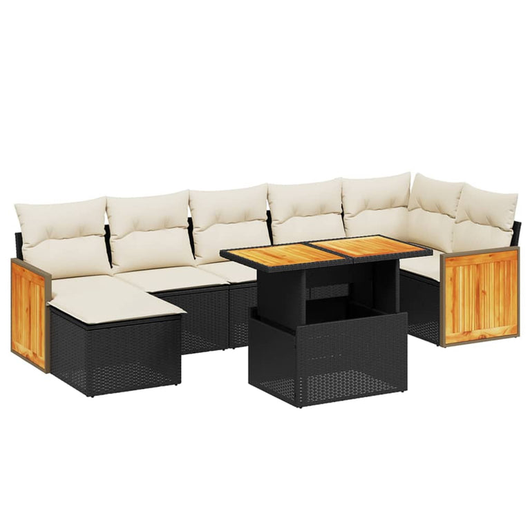 8-delige Loungeset met kussens poly rattan zwart