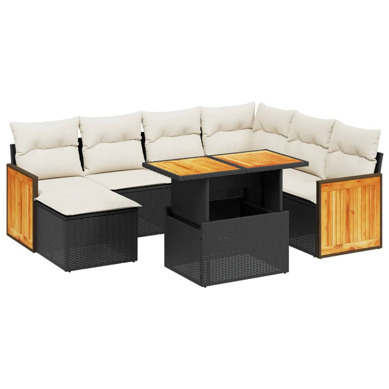 8-delige Loungeset met kussens poly rattan zwart