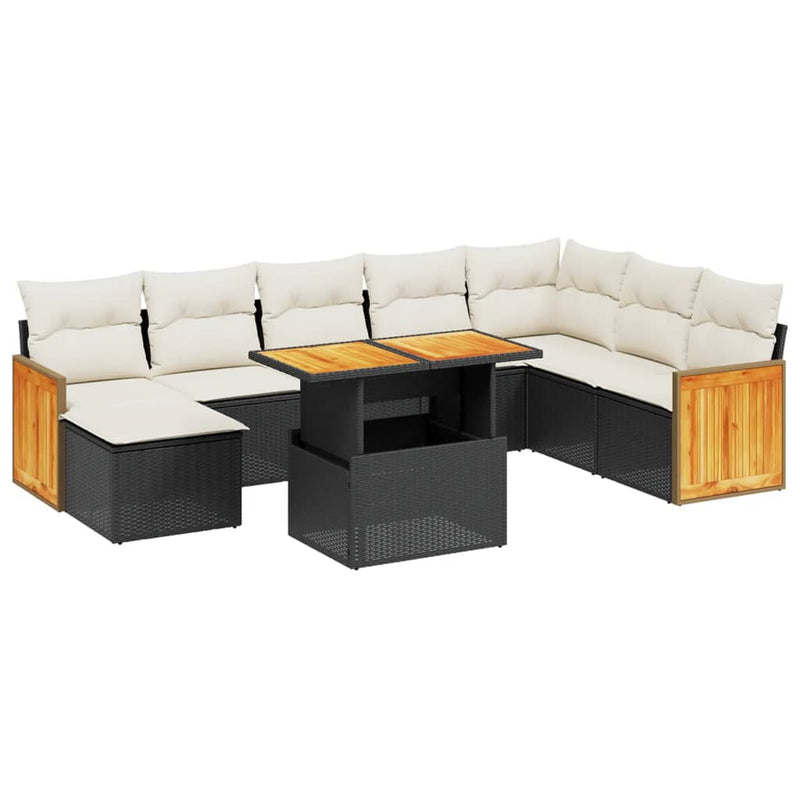 9-delige Loungeset met kussens poly rattan zwart