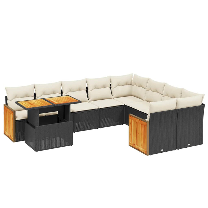 10-delige Loungeset met kussens poly rattan zwart