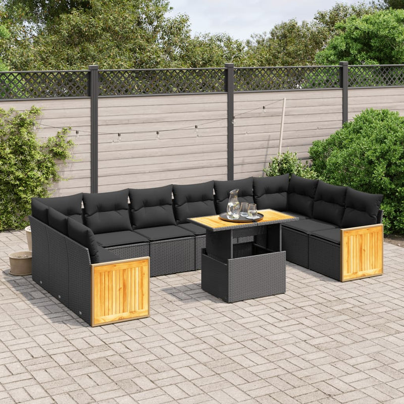 11-delige Loungeset met kussens poly rattan zwart