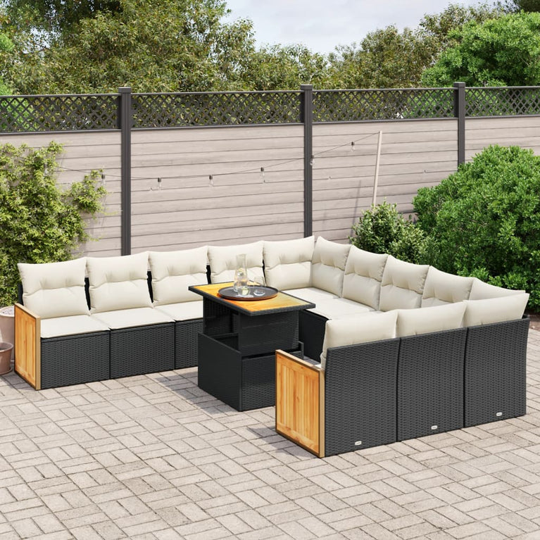 11-delige Loungeset met kussens poly rattan zwart